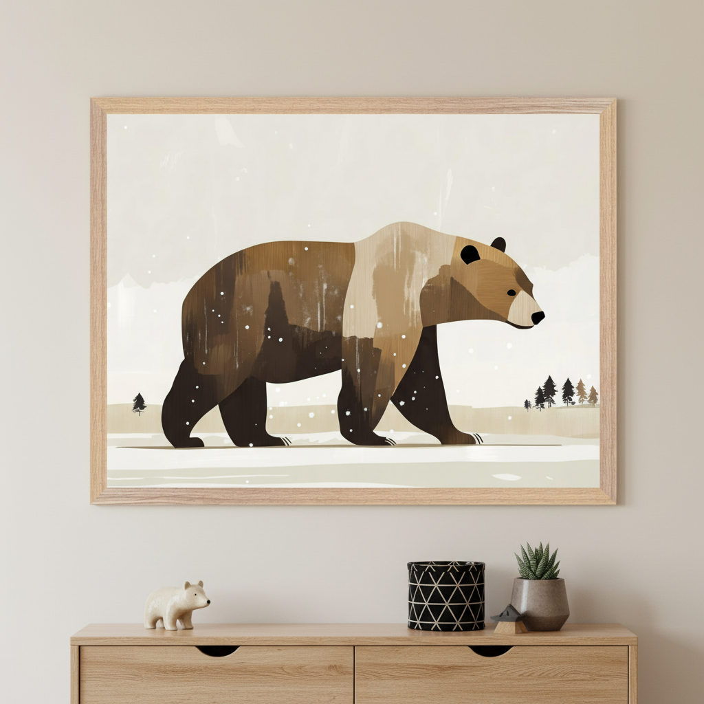 Framed illustration of a large brown bear walking across a snowy landscape with gentle snowfall and distant pine trees in the background. The artwork is displayed above a wooden dresser decorated with a small bear figurine, a patterned black container, and a potted succulent.