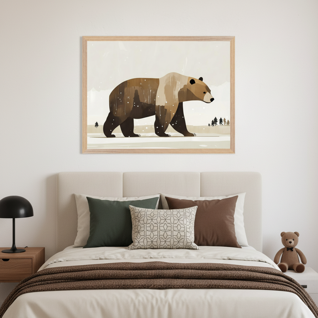 Modern bedroom with a light beige upholstered bed. A large framed illustration of a stylized brown bear walking in a snowy landscape with trees hangs centered above the bed.