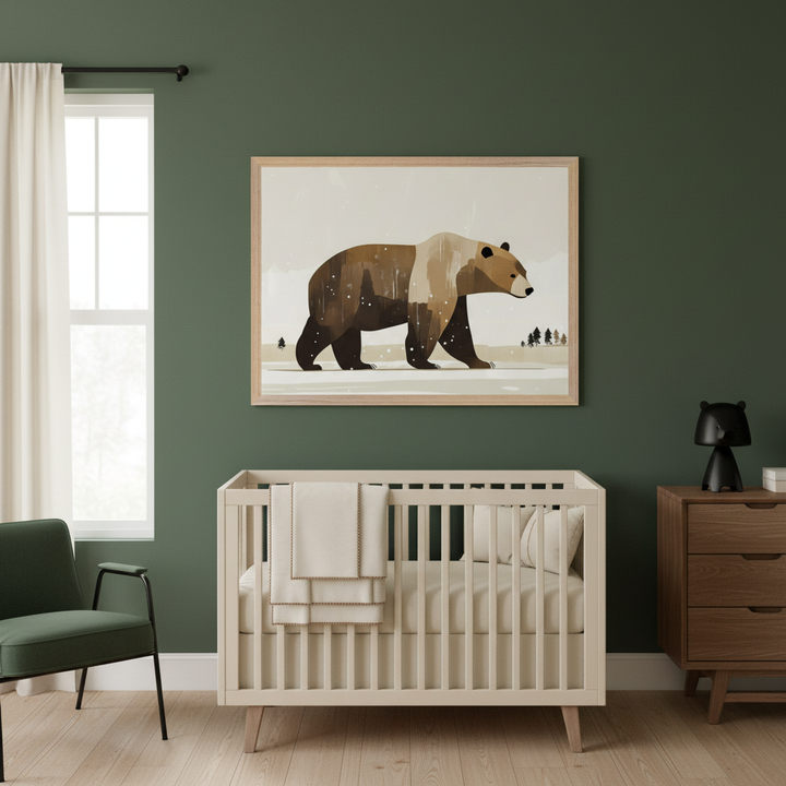 Modern nursery with dark green walls, a white crib, and a green accent chair. A large framed illustration of a brown bear walking in a snowy landscape hangs above the crib. A wooden dresser is on the right.