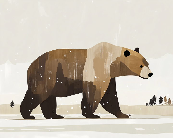 A stylized brown bear walks across a snowy landscape with soft falling snow, distant trees, and a muted sky in the background.