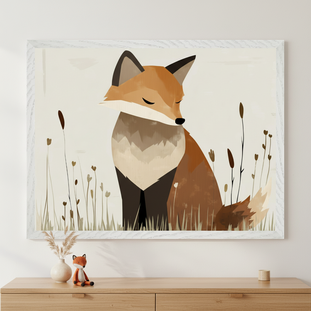 Framed illustration of a stylized fox sitting with closed eyes among tall grass and delicate brown wildflowers on a light background. A wooden dresser below holds a soft fox plush toy and a vase with dried grasses, complementing the serene, nature-inspired decor.