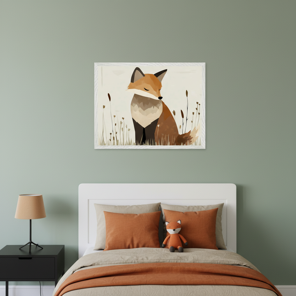 Kid's bedroom with a white bed, beige and orange bedding, and a fox plushie. A black nightstand with a beige lamp sits to the left. Above the bed, a framed illustration depicts a sleeping fox in a field of tall grass, rendered in a minimalist, earthy style.