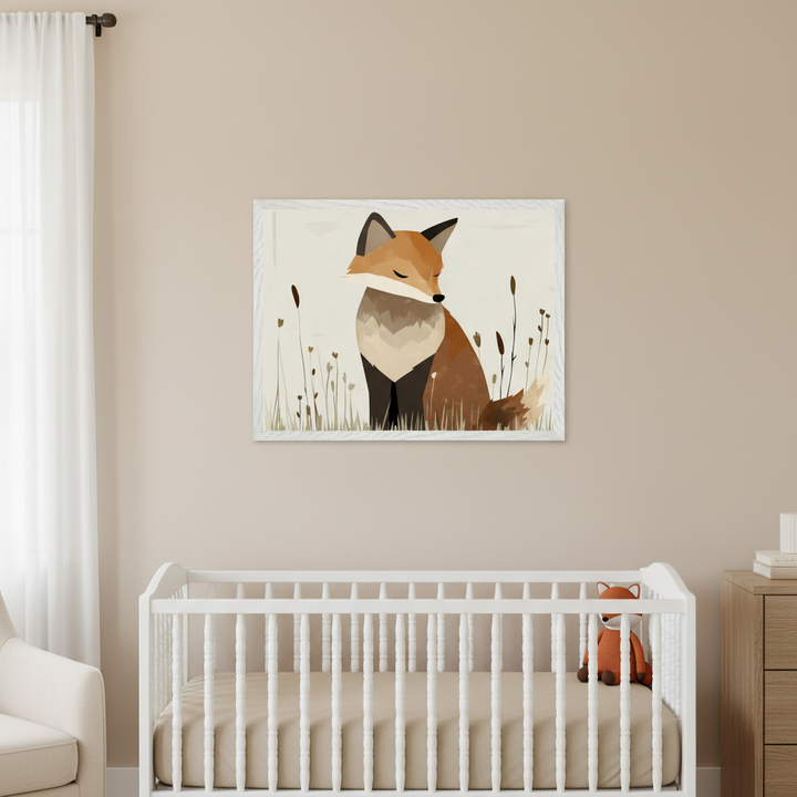 Neutral-toned nursery with a white crib. A large framed illustration of a sleeping fox in tall grass hangs centered above the crib. A small fox plush sits in the crib. A white sheer curtain is visible left and a wooden dresser right.