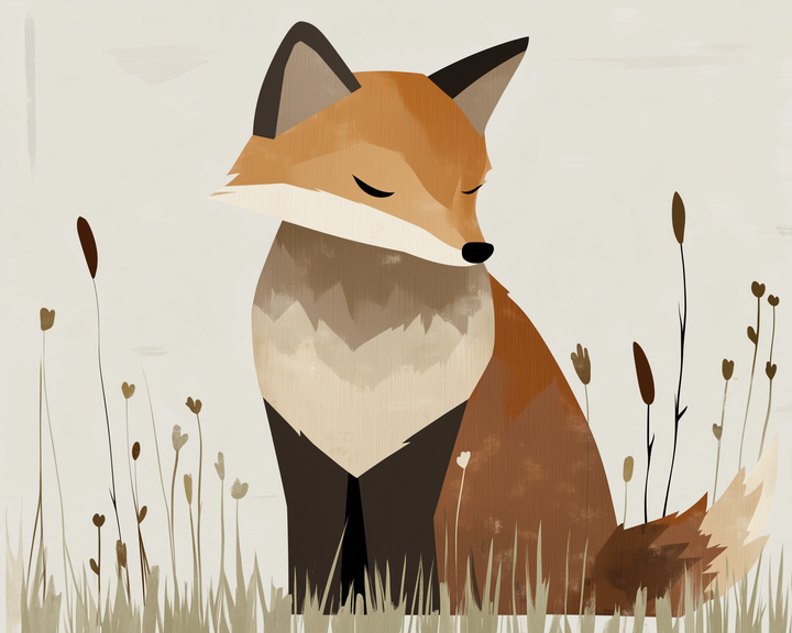 A minimalist illustration of a red fox sitting quietly among tall dried plants and grass, with its eyes closed and head turned slightly downward.
