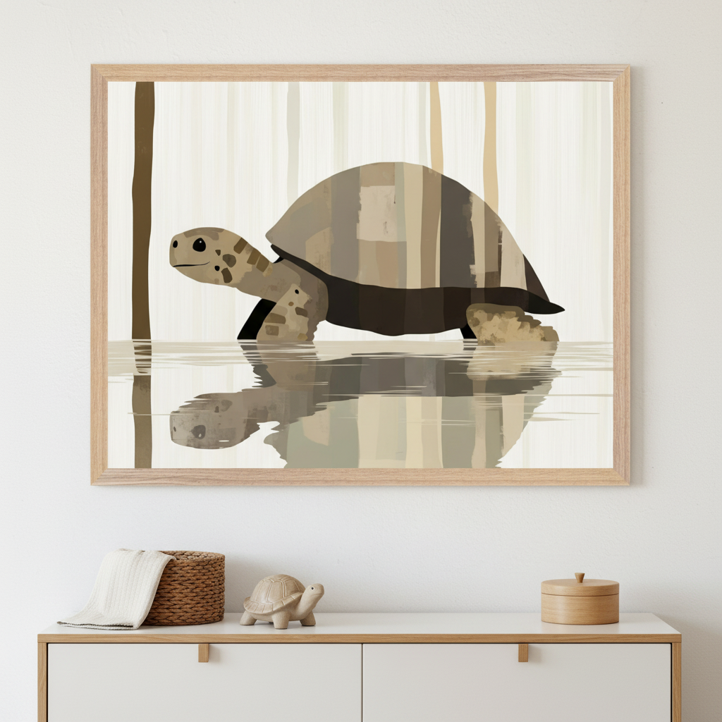 Modern room with a white dresser. A large framed print of a stylized tortoise standing in shallow water with its reflection, against a background of vertical lines, hangs above the dresser.