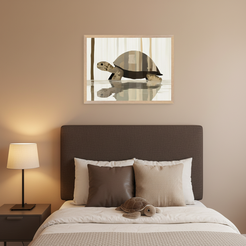 Kid's bedroom with a bed, brown upholstered headboard, and a nightstand with a lamp. Above the bed hangs framed wall art depicting a stylized, geometric turtle walking in shallow water with reflections. A plush turtle toy rests on the bed.