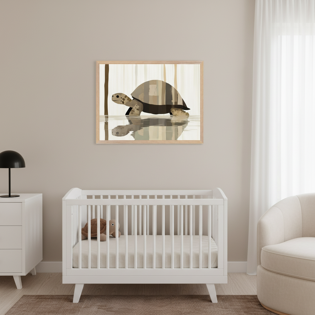 Modern nursery with a white crib, dresser, and light armchair. A large framed print of a graphic-style turtle standing in shallow water with reflections and a light background hangs centered above the crib.