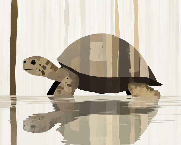 A large tortoise walks beside calm water that reflects its shell and legs, with abstract vertical tree shapes forming a soft forest backdrop.
