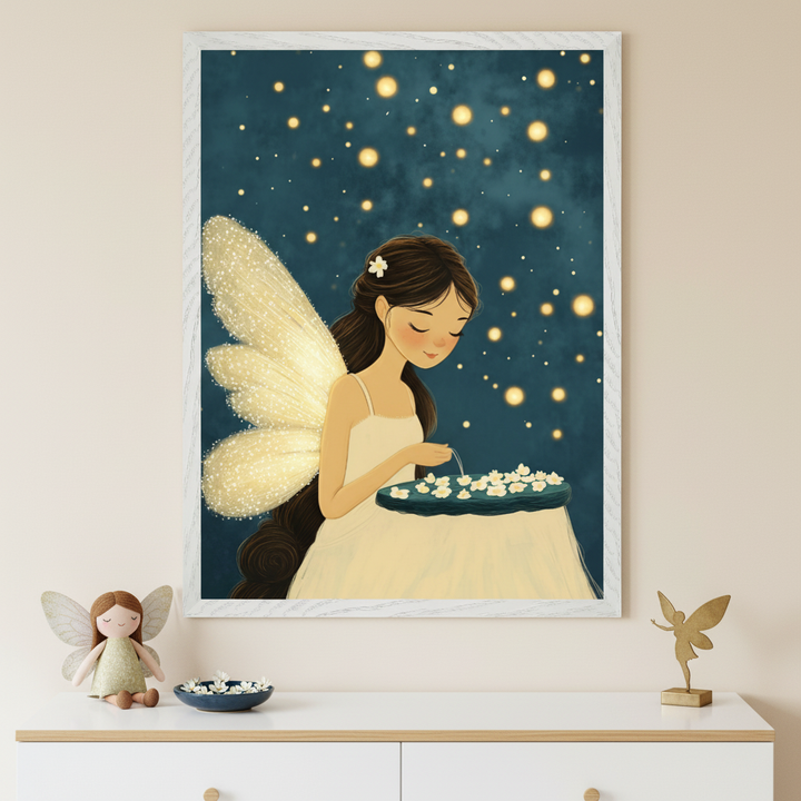 Framed illustration of a fairy with glowing golden wings and a flower in her dark hair, gently placing tiny white blossoms into a bowl of water. She wears a cream-colored dress against a starry night sky filled with glowing orbs, creating a serene and magical atmosphere.