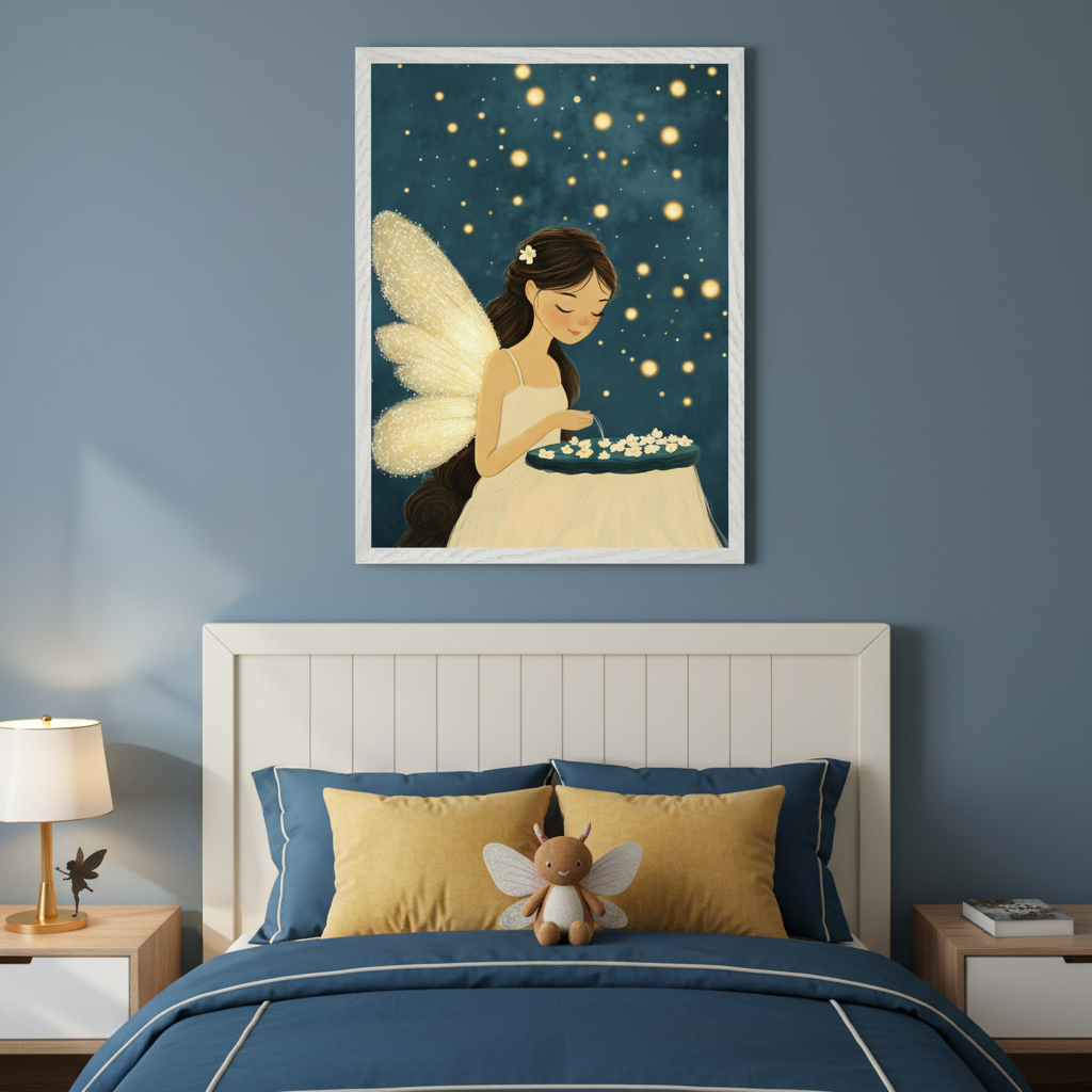Kid's bedroom with a white headboard bed and two bedside tables. A large framed illustration of a fairy with glowing wings, creating small white objects on a tray, hangs centered above the bed on a blue wall. The background has glowing yellow lights.