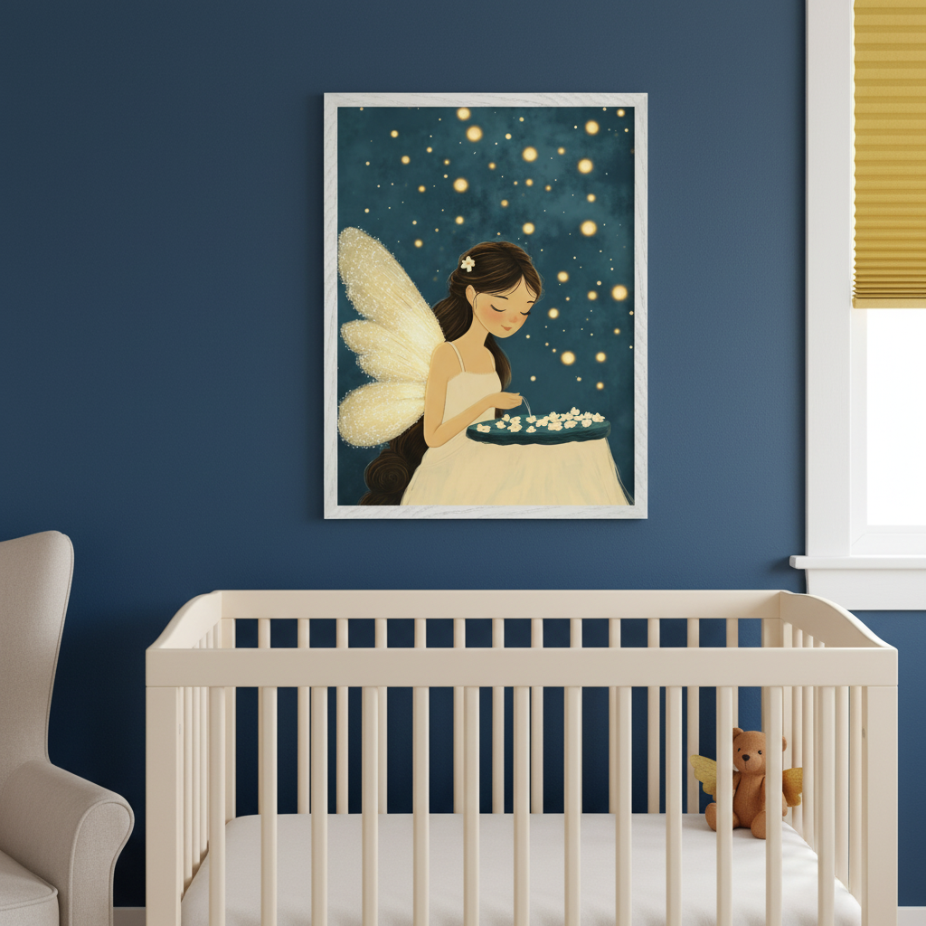 Modern nursery with a dark blue wall. A white framed print of a fairy in a cream dress with gold wings, holding white flowers against a dark blue, starry background, hangs above a white wooden crib. A beige armchair is on the left.