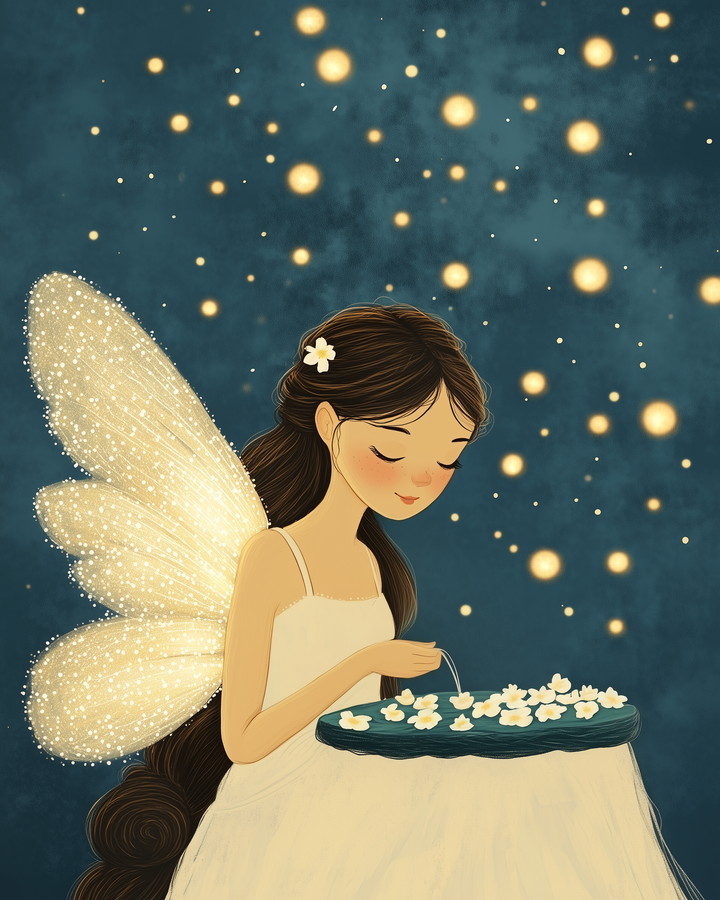 A gentle fairy with glowing wings and a white dress sits in a starry night scene, delicately placing white flowers into a pool of water.
