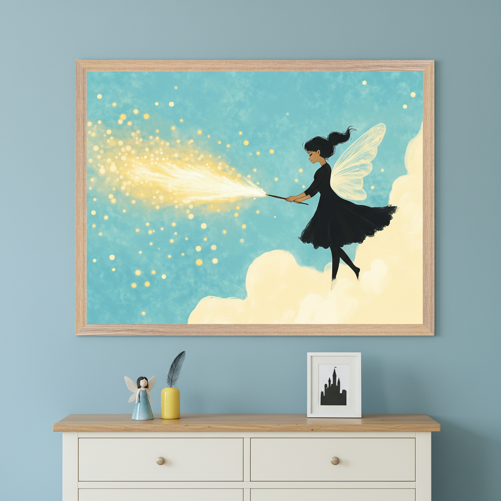 Framed illustration of a fairy in a black dress with translucent wings standing on a cloud and casting golden sparkles from a wand into a bright blue sky. The scene glows with a sense of wonder and magic, blending soft pastels with bold contrast.