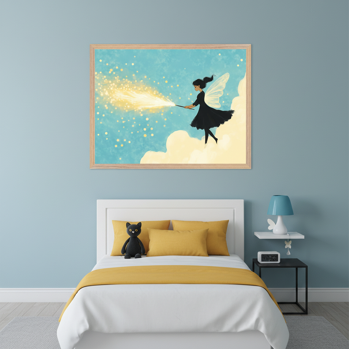 Kid's bedroom with light blue walls. A white bed with yellow bedding has a black cat plush. Above the bed, a large framed painting depicts a dark-haired fairy with white wings, flying on a cloud, casting golden sparks from a wand into a blue sky. A black nightstand with a blue lamp is to the right.