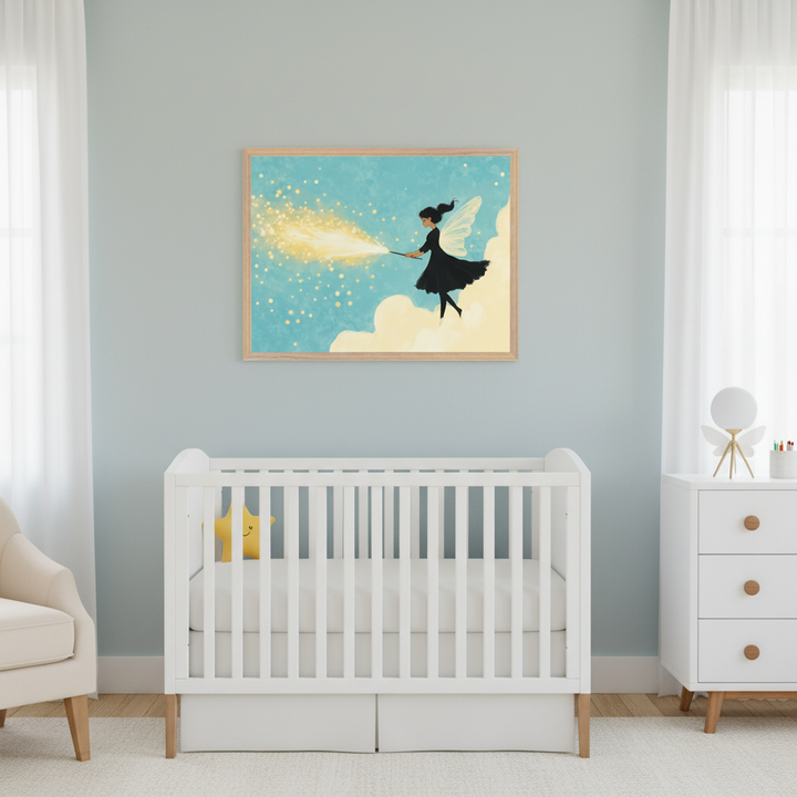 Modern nursery with a white crib and white dresser. A cream armchair is partially visible. A framed print of a black fairy with white wings creating golden sparkles against a blue sky with clouds hangs above the crib.
