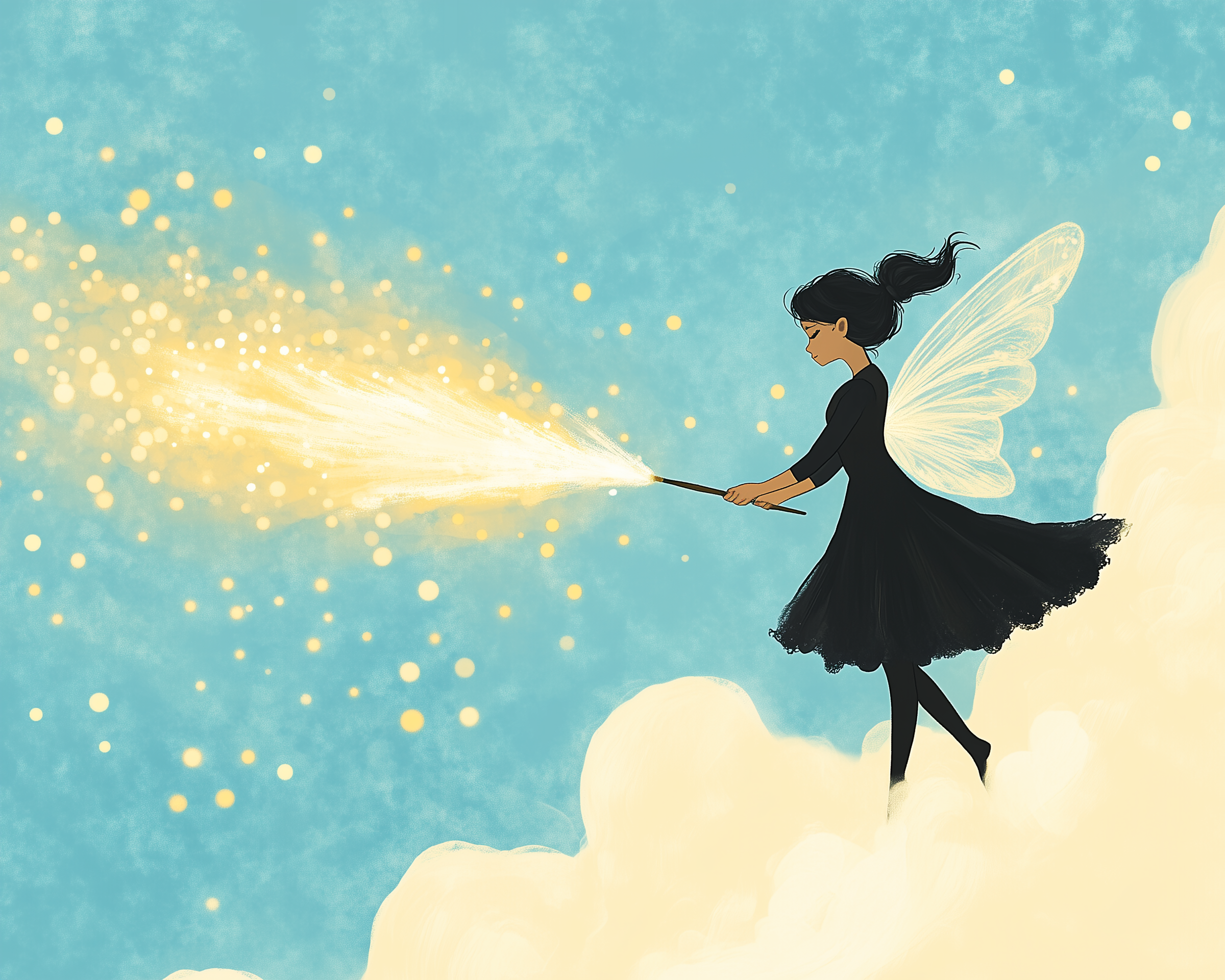 A fairy in a black dress stands on a cloud, using a wand to release golden sparkles into a bright blue sky, with translucent wings glowing behind her.

