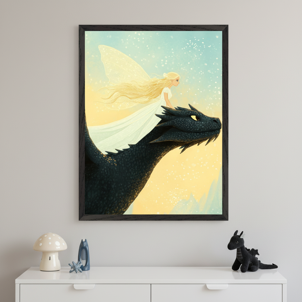 Framed artwork of a graceful fairy with long flowing blonde hair and translucent wings riding on the head of a large black dragon against a pastel sky filled with glowing sparkles. The serene scene is displayed above a white dresser adorned with a dragon plush toy, a ceramic mushroom lamp, and a small whimsical sculpture.