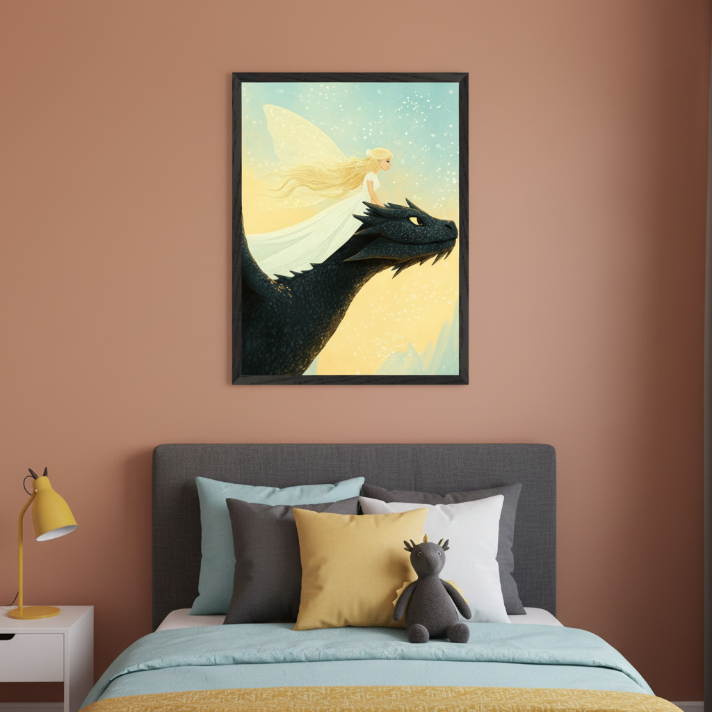 Kid's bedroom with a terracotta wall. A framed illustration of a blonde fairy with white wings riding a black dragon hangs centered above a gray upholstered bed. A gray dragon plush is on the bed. A white nightstand with a yellow lamp is to the left.