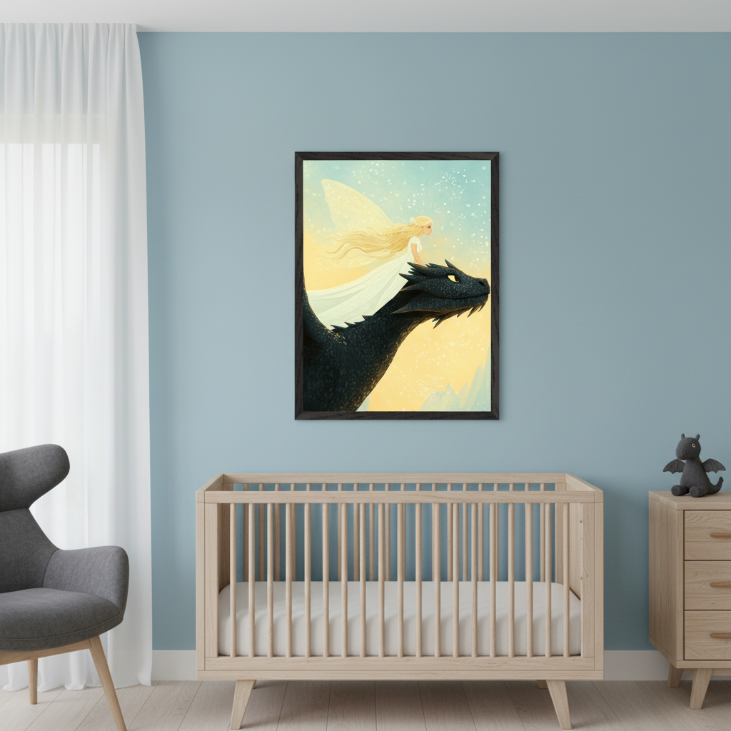 Modern nursery with a light wood crib, gray armchair, and light wood dresser. A framed illustration of a blonde fairy riding a black dragon against a sunny, snowy sky hangs above the crib.