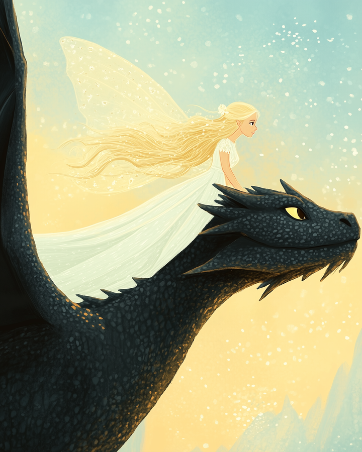 A blonde fairy in a flowing white dress rides on the back of a large black dragon through a sparkling sky with a dreamy yellow and blue gradient.
