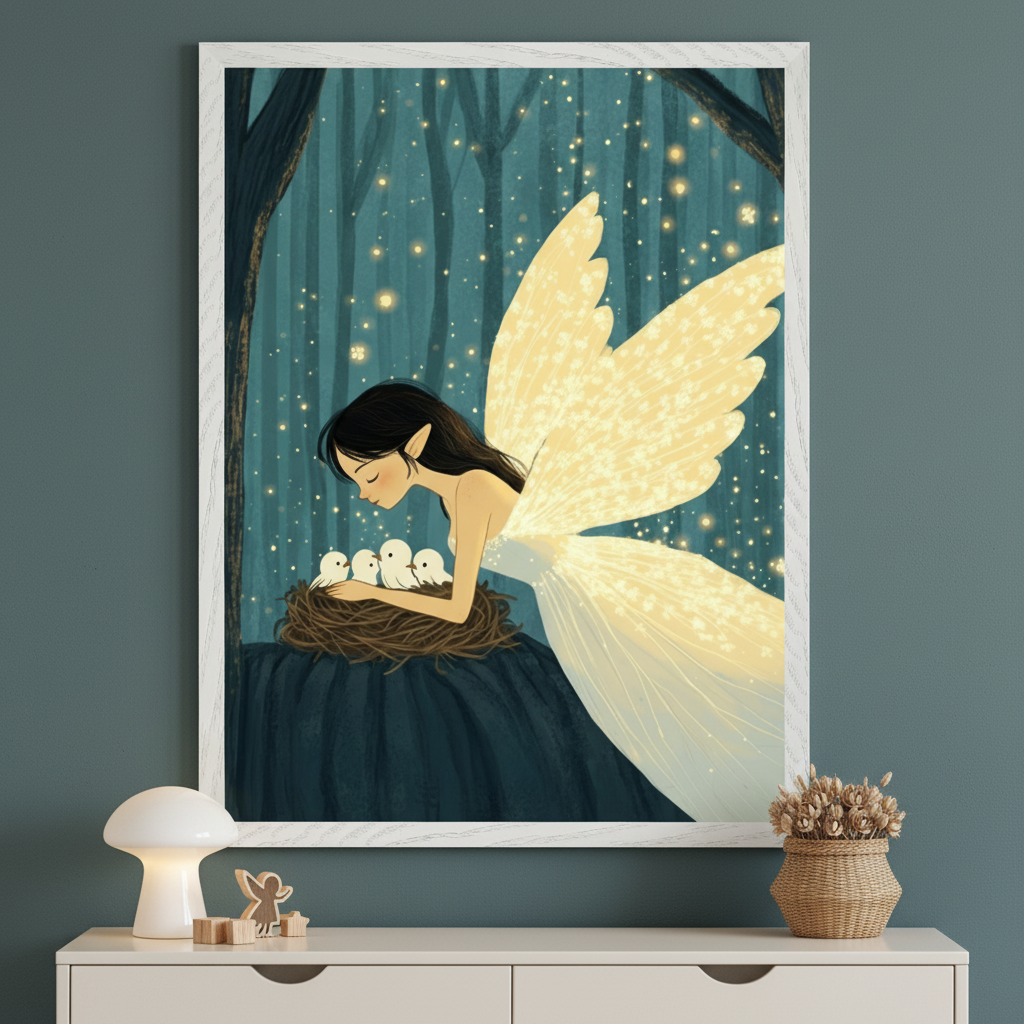 Framed illustration of a glowing fairy with light-up wings gently leaning over a nest of baby birds in a nighttime forest scene filled with golden lights. The artwork hangs on a muted teal wall above a white cabinet with a small lamp, fairy figurine, and a woven basket of dried flowers.