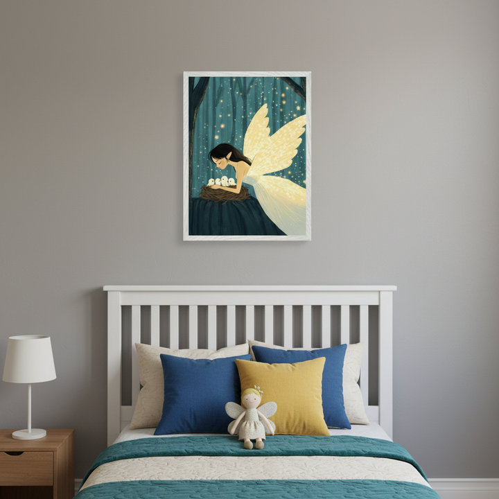 Kid's bedroom with a white headboard bed and wooden nightstand. A framed illustration of a glowing-winged fairy looking at baby birds in a nest, set in a forest with twinkling lights, hangs above the bed.