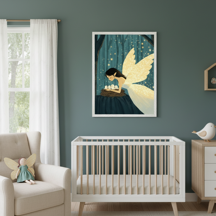 Modern nursery with a dark teal wall. A white framed illustration of a fairy with glowing wings looking at baby birds in a nest in a starry forest hangs above a white crib and a cream armchair. A wooden dresser is to the right of the crib.