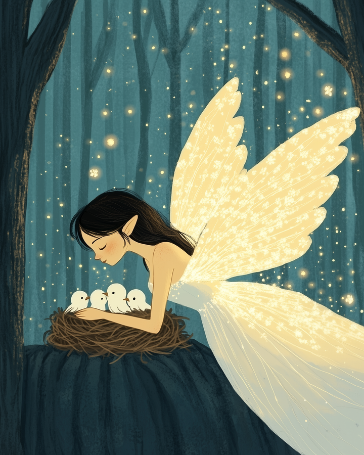 A glowing-winged fairy leans over a nest filled with white baby birds in a moonlit forest, surrounded by sparkling firefly-like lights.
