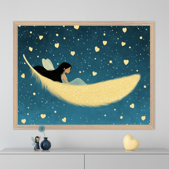 Framed nursery wall art of a serene fairy with long black hair and translucent wings sitting quietly on a glowing yellow feather floating through a starry night sky filled with golden hearts. The artwork is placed above a dresser with a fairy figurine, a dark blue vase, and a heart-shaped nightlight, adding a gentle and dreamy charm to the room.