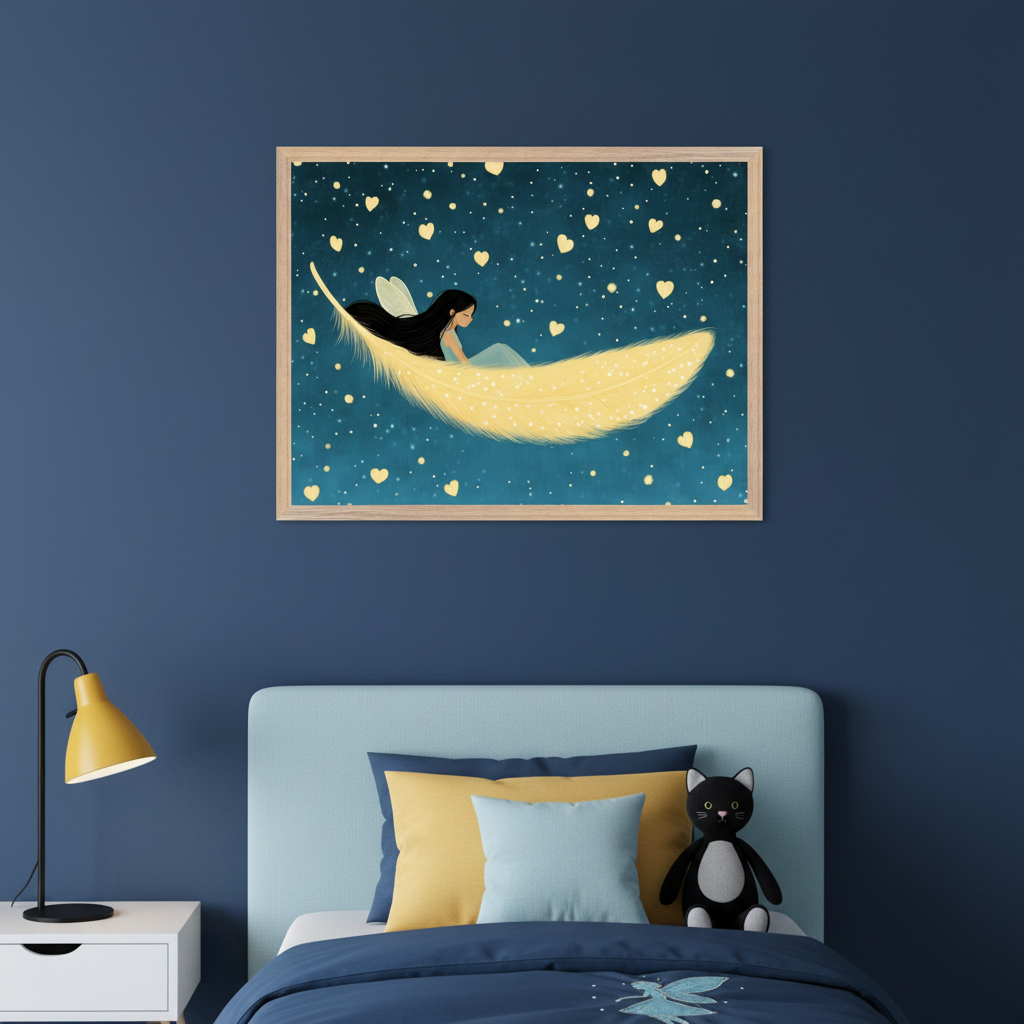 Kid's bedroom with a dark blue wall. A framed print depicting a fairy on a yellow feather under a starry, heart-filled sky hangs above a bed with a light blue headboard and yellow pillows. A white nightstand with a yellow lamp is on the left.