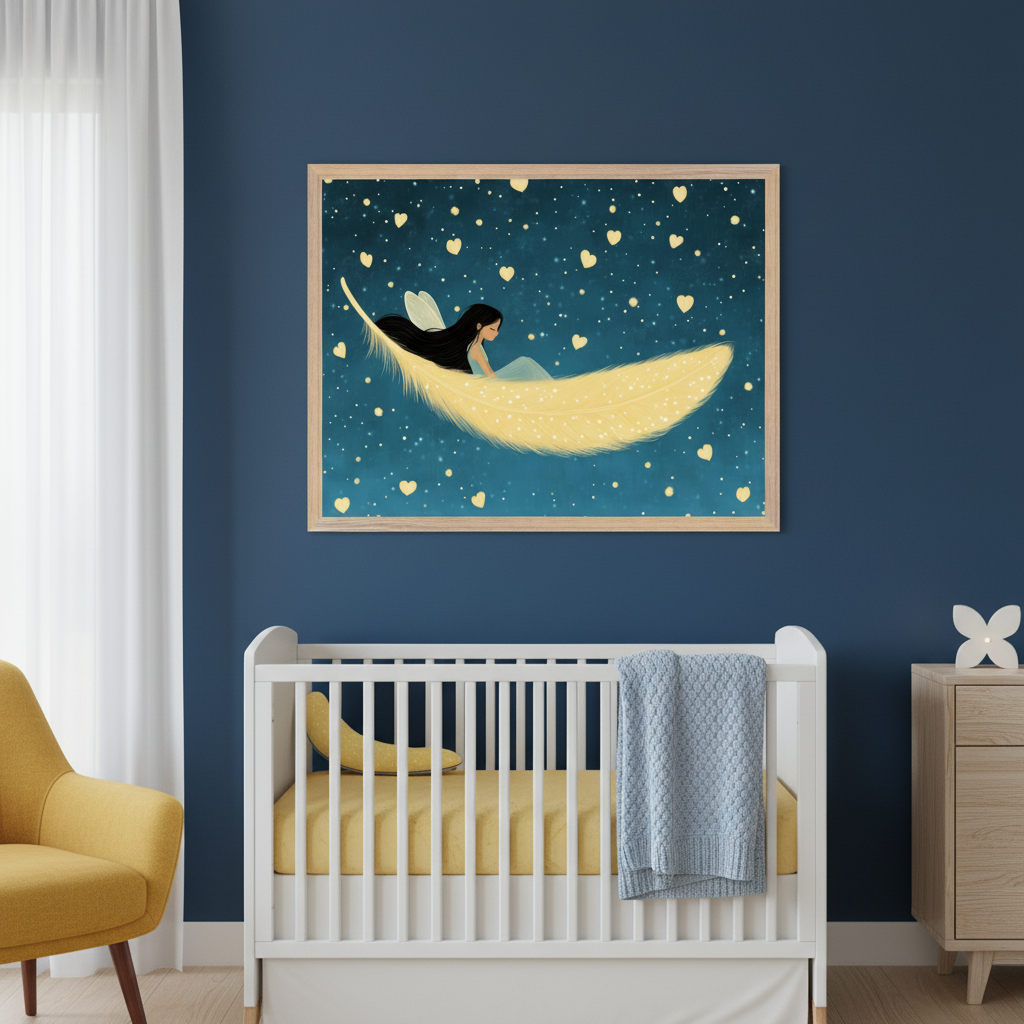 Modern nursery with dark blue walls. A large framed print featuring a dark-haired fairy on a yellow feather surrounded by hearts and stars hangs above a white crib with yellow bedding and a blue blanket. A yellow armchair is on the left; a light wood dresser is on the right.