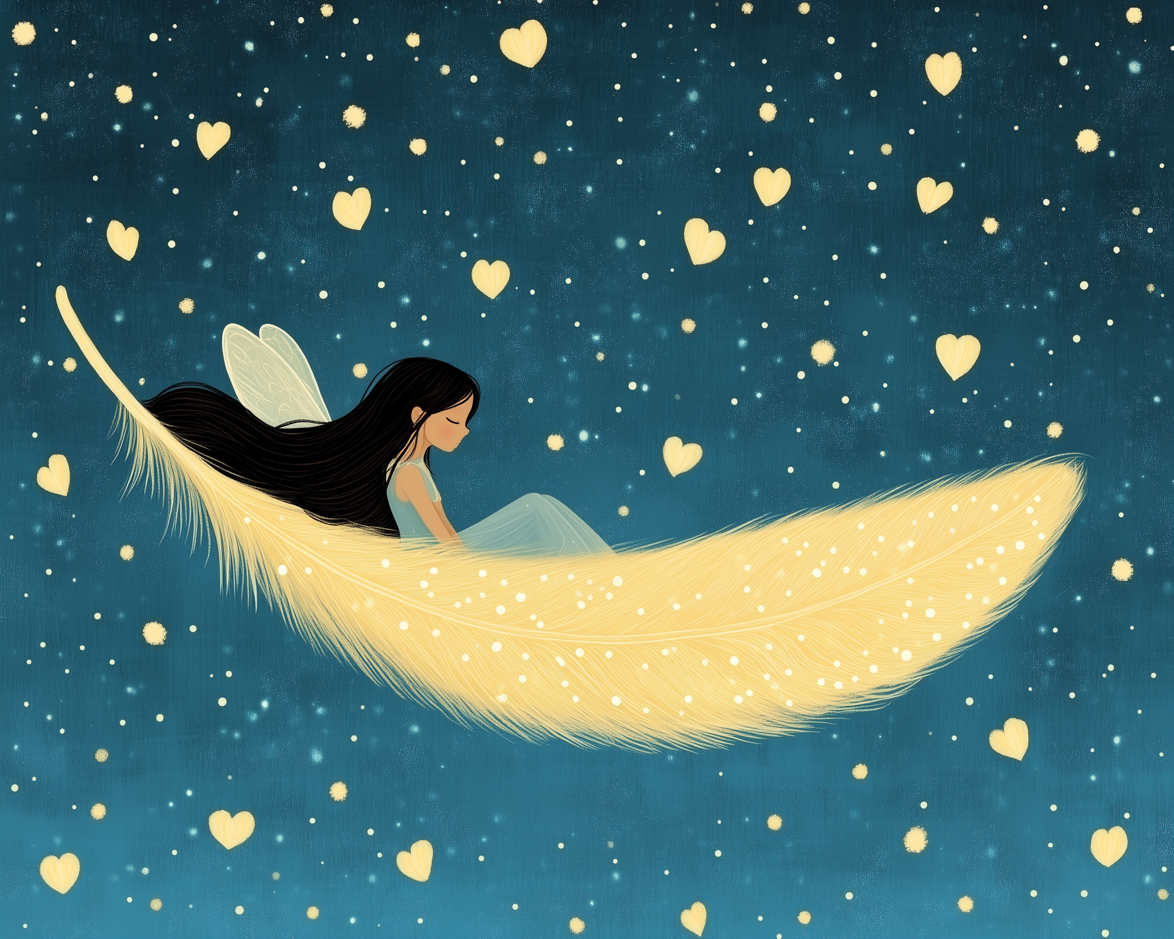 A serene fairy with long dark hair and translucent wings rides on a glowing yellow feather, floating through a starry sky filled with soft yellow hearts.
