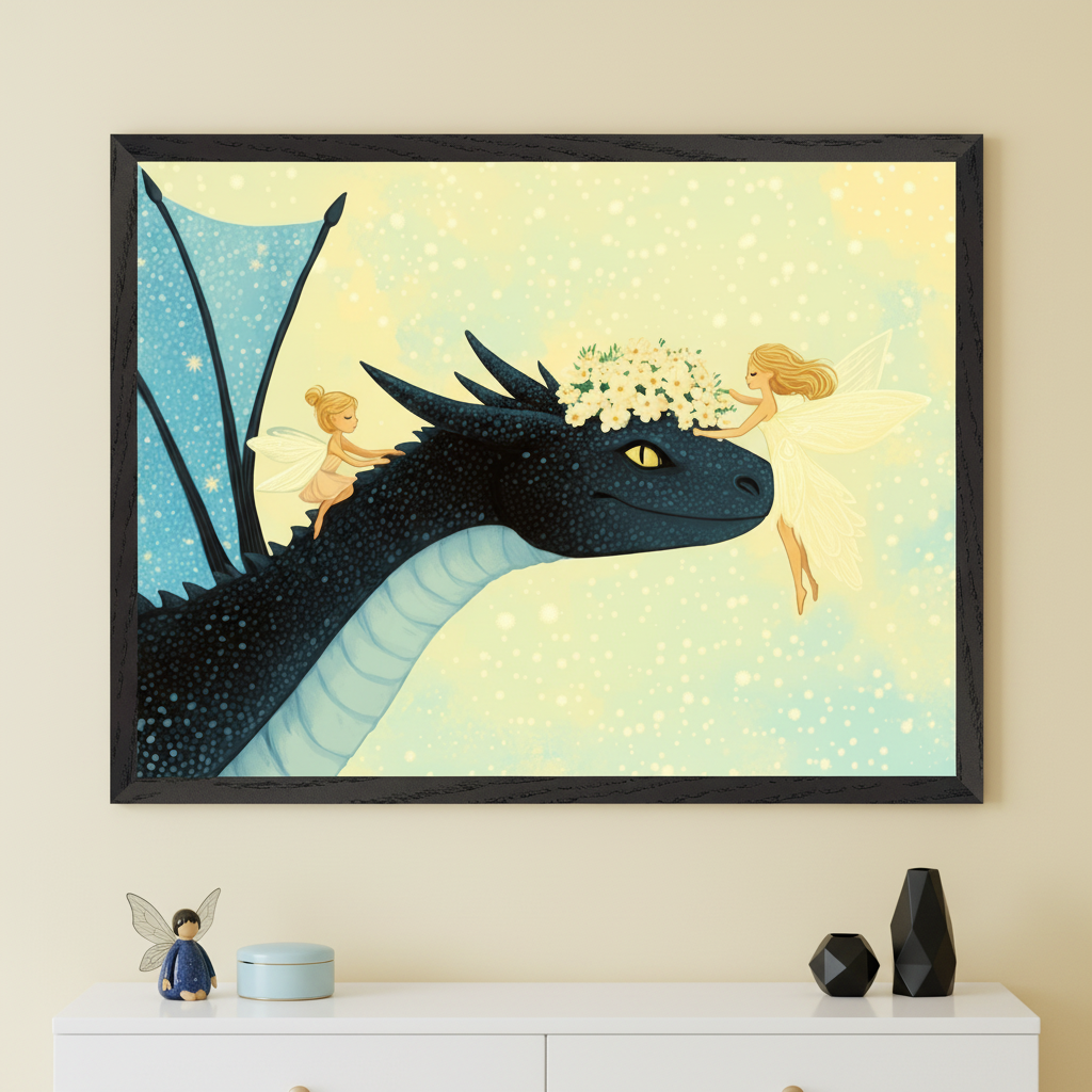Framed illustration of a gentle black dragon with shimmering blue wings being adorned with a white flower crown by two fairies in cream-colored dresses, set against a soft, glowing background with floating sparkles. The magical scene hangs above a dresser with minimal fairy-themed decor, blending fantasy charm with a calm, whimsical style.