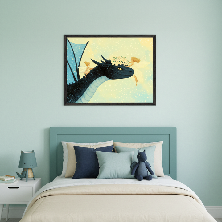 Kid's bedroom with a teal headboard. A framed whimsical illustration of a black dragon with blue wings and two fairies, one riding and one placing a flower crown, hangs above the bed. A white nightstand with a dragon lamp.