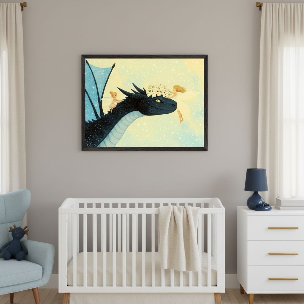 Modern nursery with a white crib, light blue armchair, and white dresser. A large framed illustration of a dark blue dragon wearing a flower crown, with two blonde fairies, hangs above the crib against a yellow, starry sky.