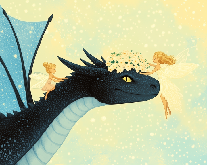 Two fairies with glowing wings interact with a gentle black dragon—one riding its back while the other places a flower crown on its head, all set against a dreamy, glowing sky.