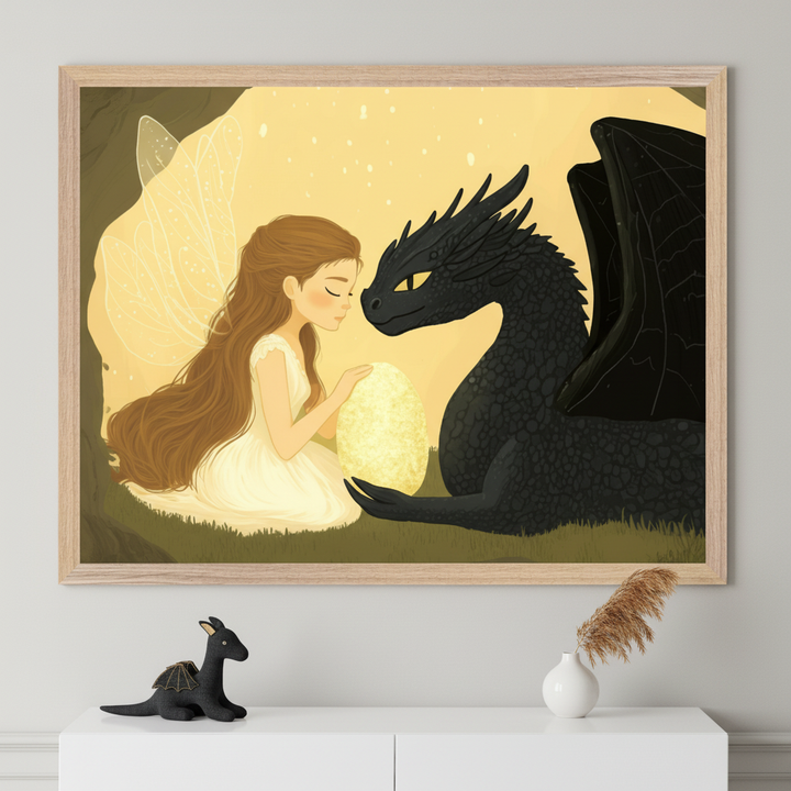 Framed illustration of a gentle fairy girl with long brown hair and translucent wings sitting face-to-face with a black dragon, both cradling a glowing golden egg between them. The soft yellow background and sparkles create a warm, magical cave-like atmosphere filled with trust and wonder.