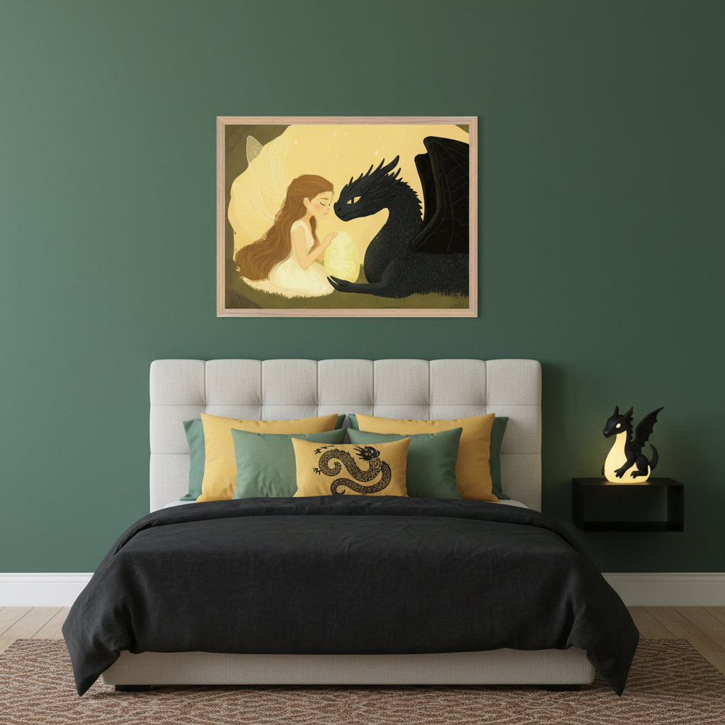 Kid's bedroom with a bed featuring a grey upholstered headboard and black duvet. A large framed illustration hangs centered above the bed, depicting a winged girl and a black dragon looking at a glowing egg in a cave. A glowing dragon lamp sits on a black floating nightstand to the right.