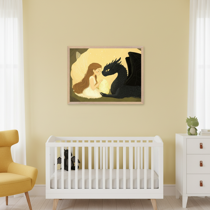 Modern nursery with a white crib, yellow armchair, and white dresser. A framed fantasy illustration of a girl with wings and a black dragon looking at a glowing egg hangs on the yellow wall above the crib.