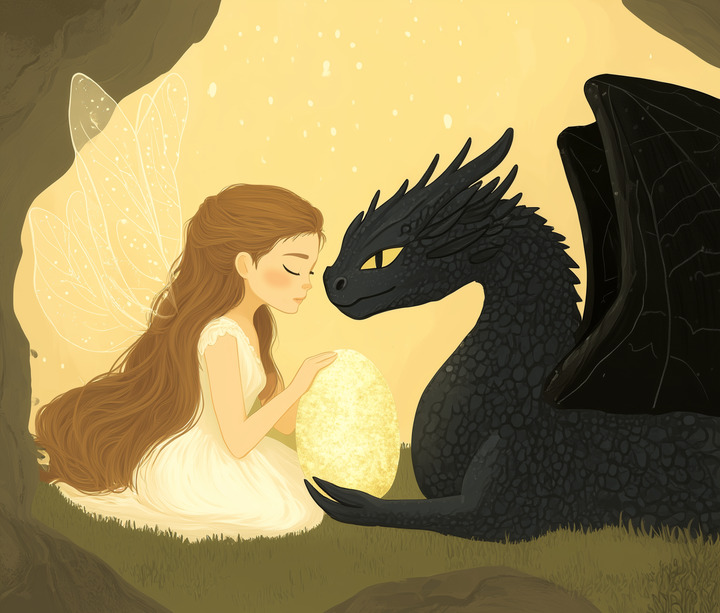 A fairy in a white dress and glowing wings sits in a golden cave beside a watchful black dragon, both cradling a softly glowing dragon egg.
