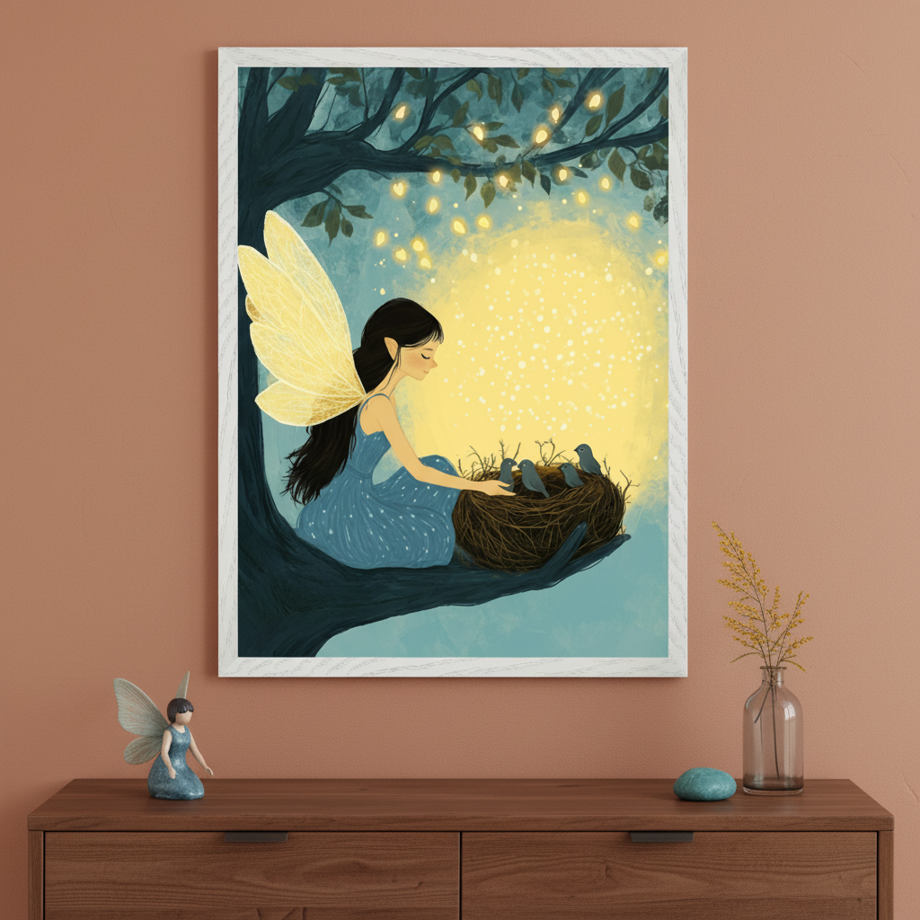 Framed illustration of a fairy with glowing yellow wings and a blue dress sitting on a tree branch, gently watching over a nest of baby birds under twinkling lights and a full golden moon. The artwork is displayed above a wooden dresser decorated with a seated fairy figurine, a glass vase with yellow sprigs, and a blue stone.
