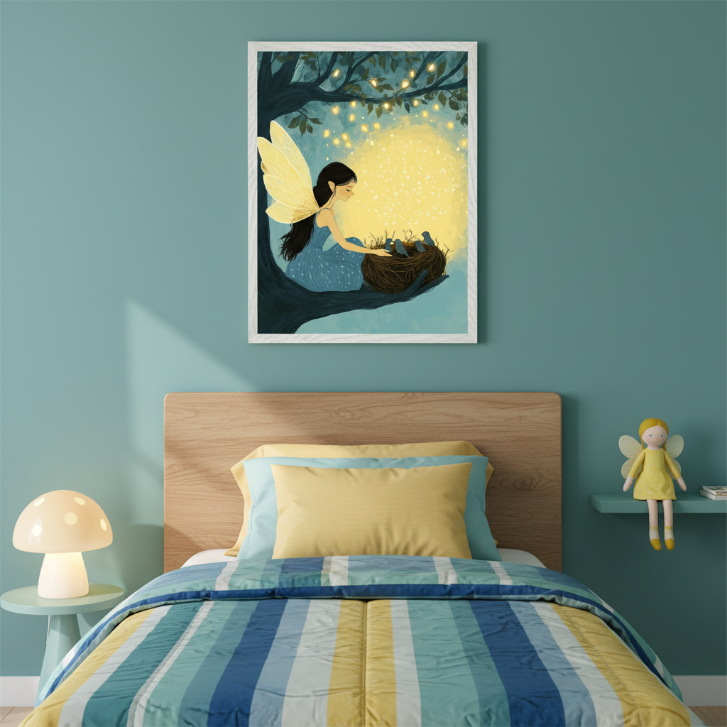 Kid's bedroom with a wooden bed and blue and yellow striped bedding. A framed painting of a dark-haired fairy with yellow wings tending to baby birds in a nest, under glowing lights in a tree, hangs centered above the bed. A mushroom lamp sits on a nightstand, and a fairy doll is on a wall shelf.