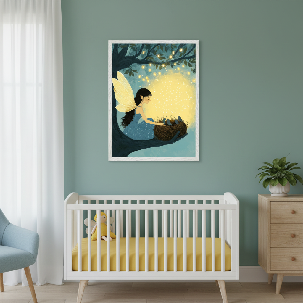 Modern nursery with teal walls. A framed illustration of a yellow-winged fairy tending a glowing bird's nest on a tree branch hangs above a white crib with yellow bedding. A light blue armchair is left, and a wooden dresser with a plant is right.