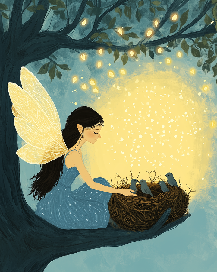 A fairy with glowing wings sits on a tree branch, gently watching over a nest of small blue birds beneath glowing lantern-like lights and a radiant moon.
