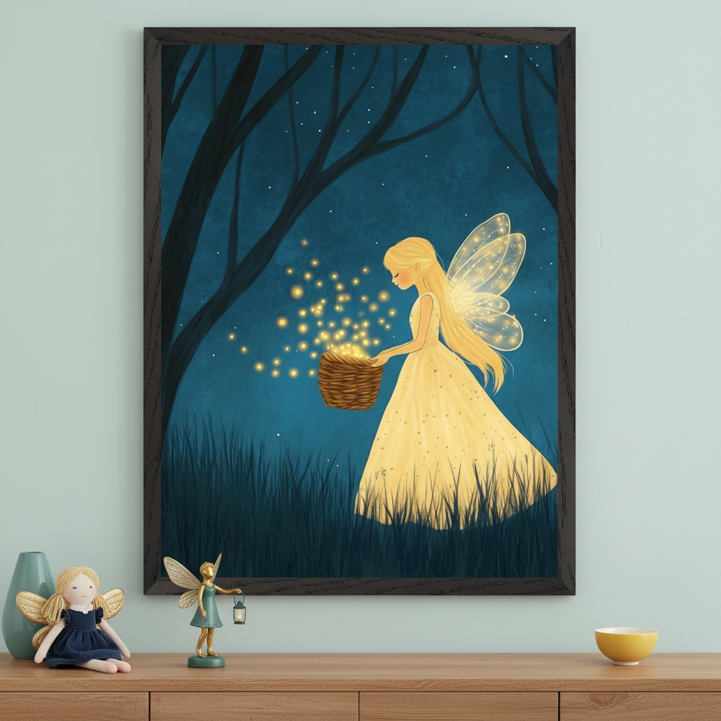 Framed artwork of a blonde fairy in a glowing yellow dress, holding a basket filled with sparkling lights while walking through a moonlit forest. The scene is displayed above a wooden cabinet decorated with fairy figurines, a doll, and minimalist decor.