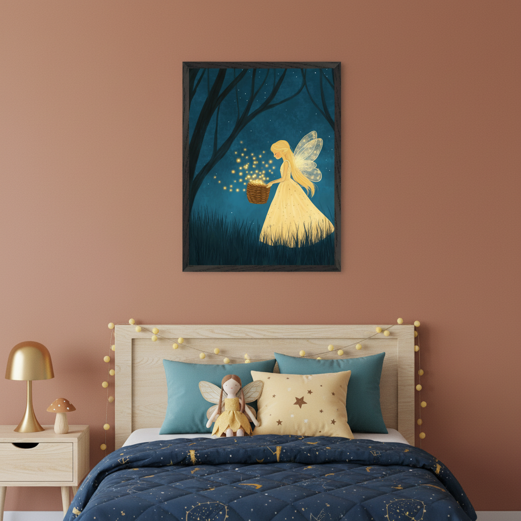 Kid's bedroom with a wooden headboard bed, star-patterned blue duvet, and wood nightstand. A framed vertical illustration of a blonde fairy holding a basket of glowing lights in a dark forest hangs centered above the bed.