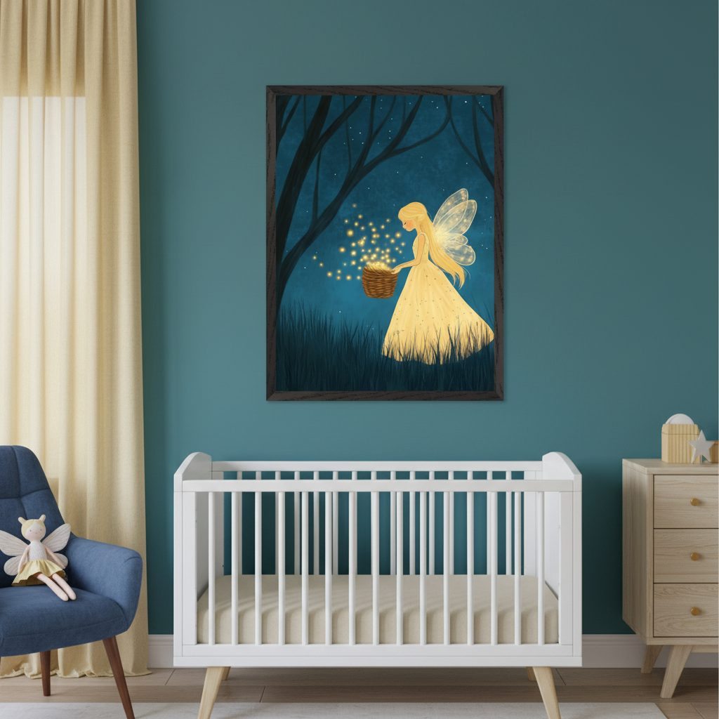 Modern nursery with a white crib, blue armchair, and wood dresser. A large framed, illustrative print of a blonde fairy collecting glowing lights in a dark forest hangs centered above the crib.