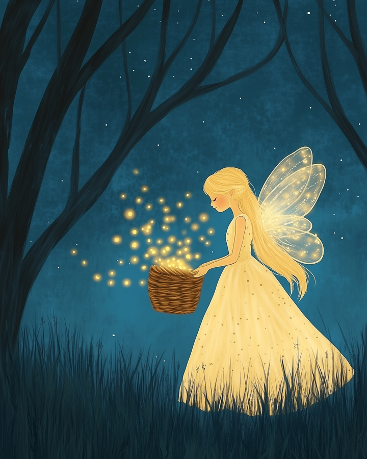 A glowing fairy in a light yellow dress walks through a moonlit forest, holding a basket filled with golden fireflies that illuminate the dark grass around her.
