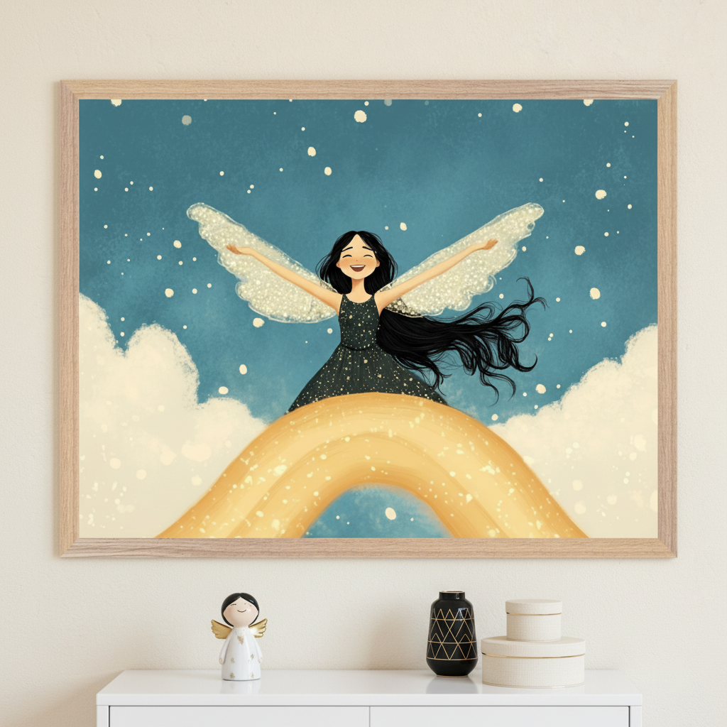 Framed nursery wall art showing a joyful fairy with long flowing black hair and glittery wings standing atop a golden rainbow, arms outstretched against a dreamy blue sky filled with sparkles and fluffy clouds. The print hangs above a white dresser decorated with a ceramic angel and minimalist round boxes, creating a light and whimsical feel.