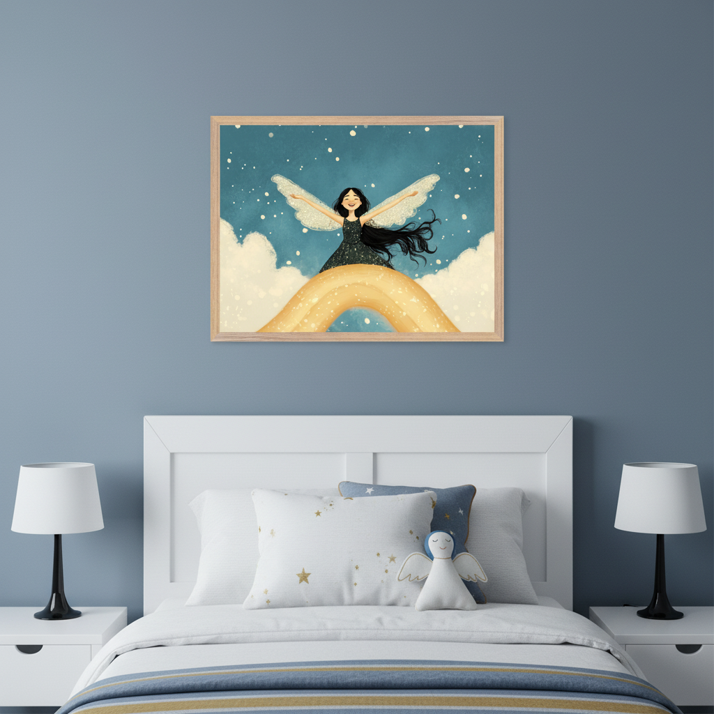 Kid's bedroom with a white bed and two nightstands with lamps. Centered above the bed hangs a framed print of a dark-haired fairy with white wings on a golden rainbow under a starry blue sky. The bed has white and blue striped bedding, star-patterned pillows, and an angel plush.